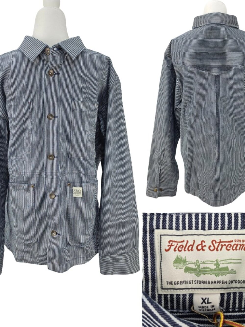 New Field & Stream Mens XL Brushbuster Canvas Utility Jacket Railroad Pinstripes